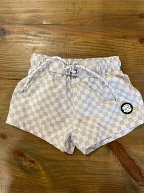 Toddler Checkerboard Swim Shorts in Cream Breakwall Swimmie by Binky Bro